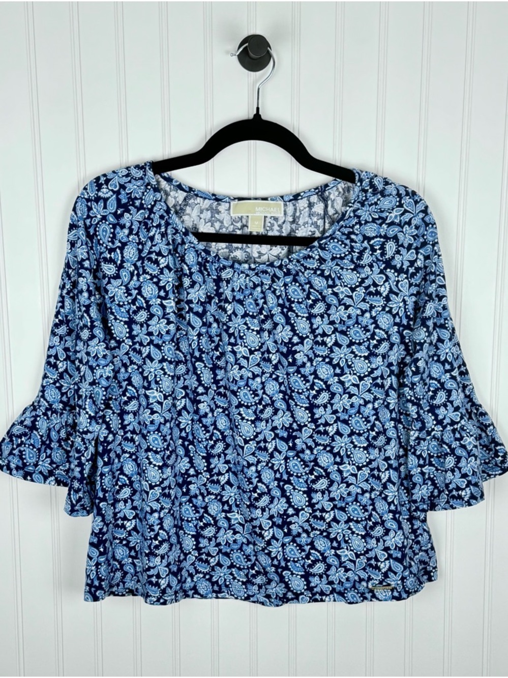 Michael Kors Blue Paisley Floral Bell Sleeve Blouse Top Medium